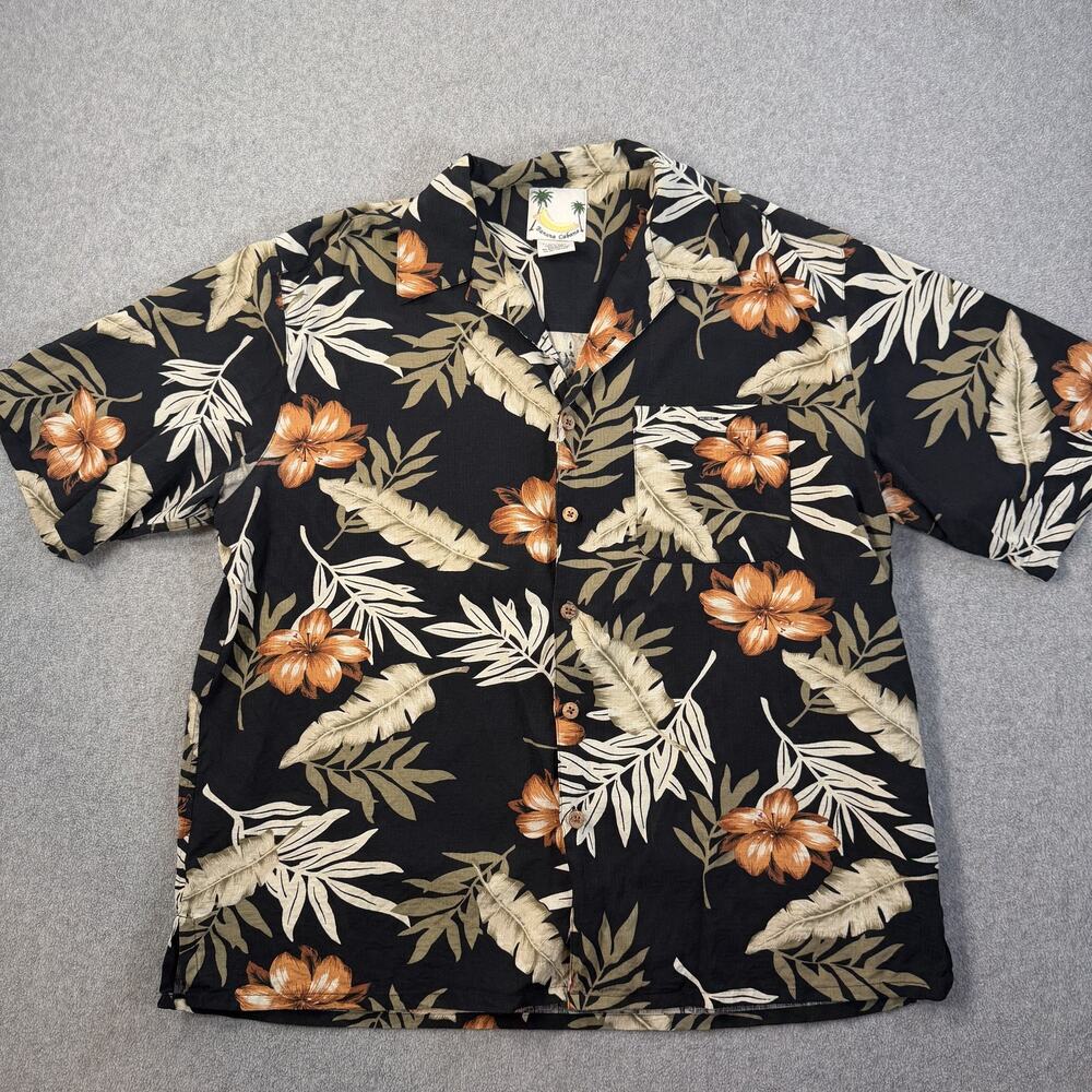 Banana Cabana Men's XL Black 100% Silk Hawaiian Shirt Tropical Floral Button